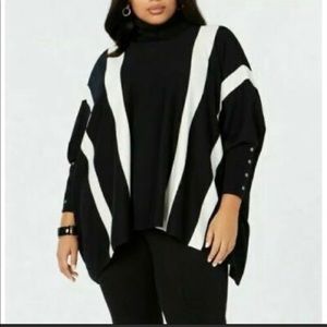 Alfani Plus Black & White Stripe Turtleneck Poncho Sweater w Dolman Sleeve - 0X